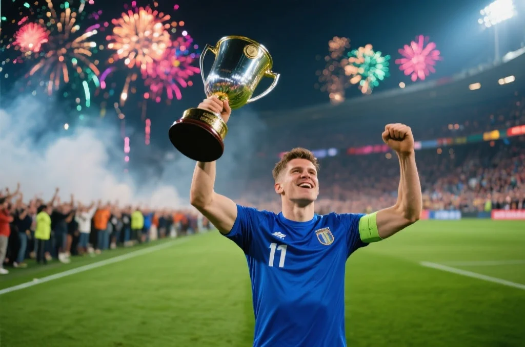 一名身穿蓝色球衣的足球运动员在绿茵场上高举奖杯庆祝胜利，背景是模糊的欢呼人群和五彩的烟花，充满激动人心的瞬间
