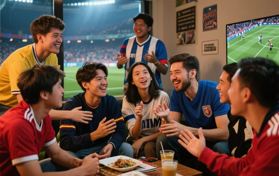 一群球迷在体育APP社区里热烈讨论比赛，画面充满活力和友好氛围