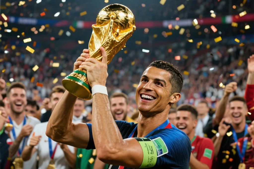 梅西高举世界杯奖杯，与队友共同庆祝这一历史性的胜利，实现职业生涯的巅峰梦想。