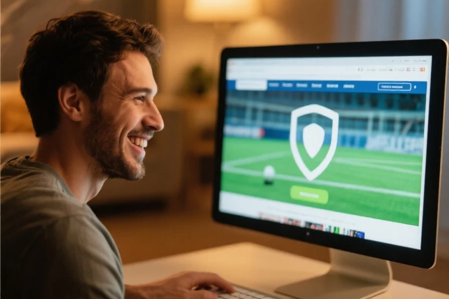 一位用户在电脑前微笑浏览体育网站，屏幕上有明显的隐私保护图标，背景温馨且安全感十足